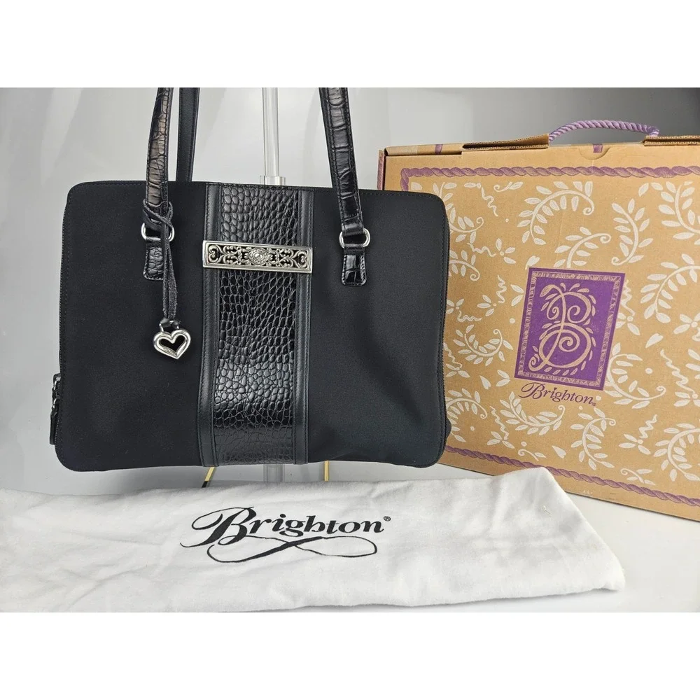 Brighton Matilda Organizer Tote Black Croc Trim‎ Bag w Box Dustbag Charm